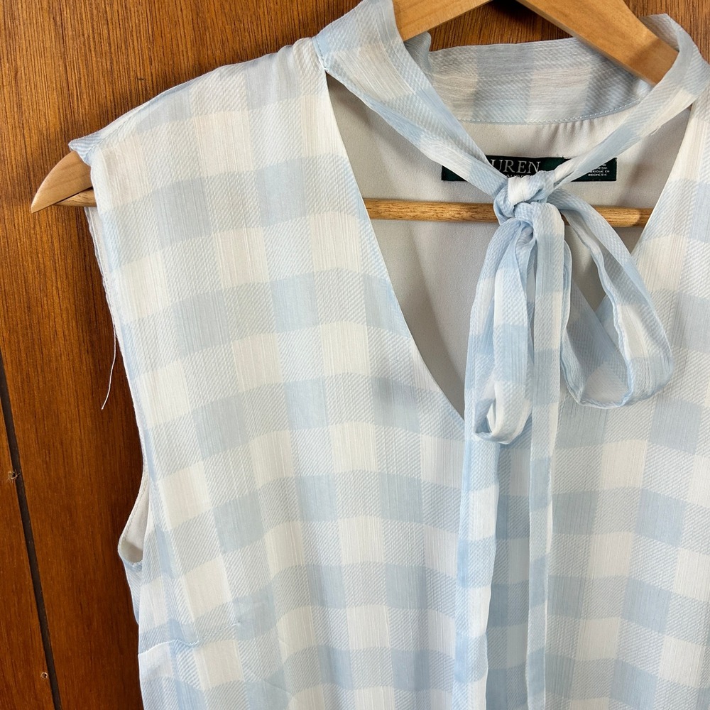 Lauren Ralph Lauren Light Blue Gingham Tie-Neck Ruffle Midi Dress Size 12 Spring - Picture 3 of 10